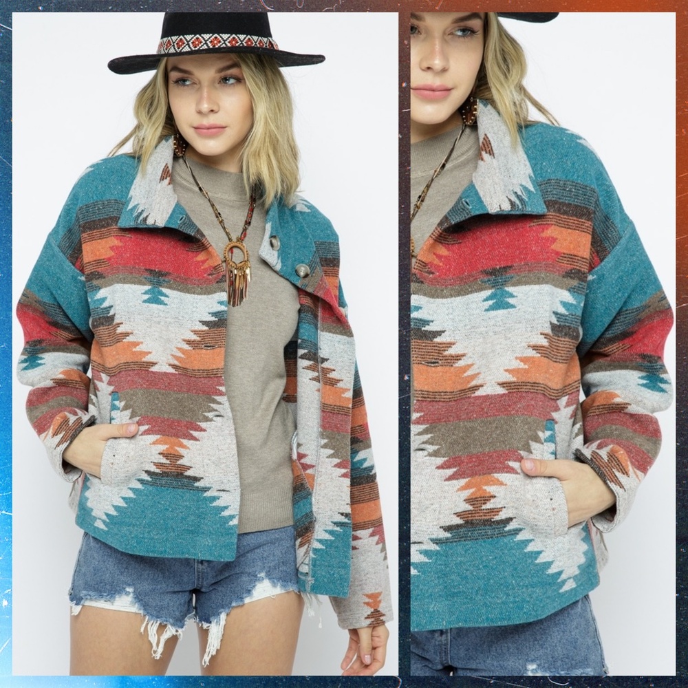 LUX BRAND Aztec Print Button Up Soft & Cozy Jacket W/Stand-Up Collar & Pockets - Picture 3 of 16